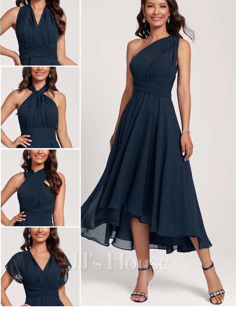 Versatile Navy One-Shoulder Chiffon Midi Dress